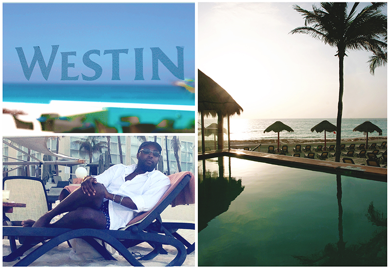 The word WESTIN engraved into a window overlooking palm trees, a large pool, and the turquoise blue waters of the Caribbean.