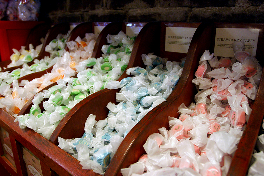 River Street Sweets Savannah GA: Visit them for a free sample of their world famous pralines, then watch candy being made from scratch inside the store. These are individually wrapped salt water taffy candies.