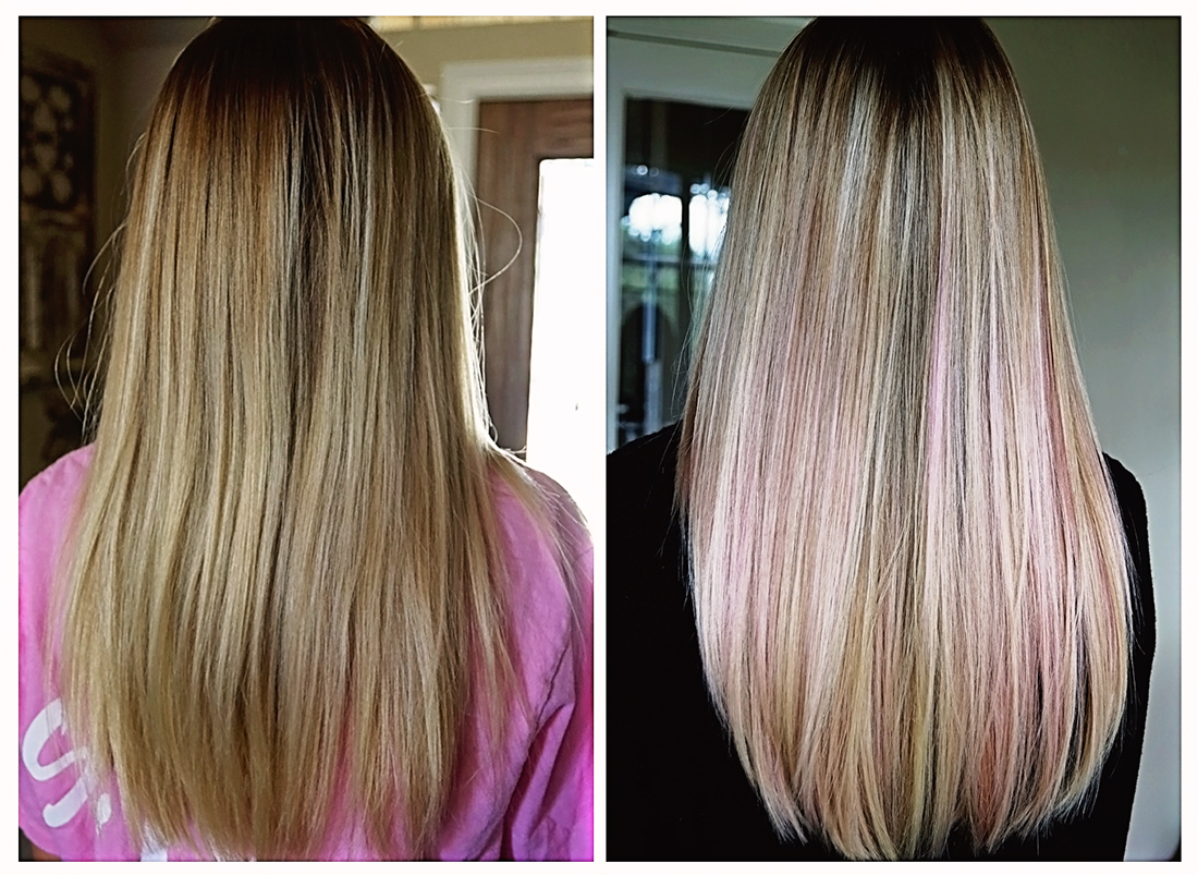 Before and after shot of a pastel pink hair dye transformation.