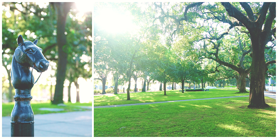 Collage of an old cast iron horse hitch located on the edge of Emmet Park and a wide angle shot of the lush green park covered in mature oak trees on a bluff overlooking Savannah's River Street.