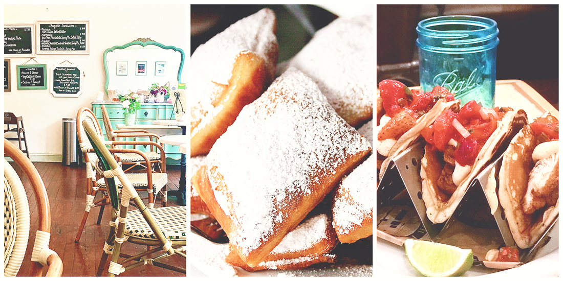 Collage of three restaurants located on River Street in Savannah, the first is an interior shot Cafe M with Parisian-style decor, the second is of large beignets covered in powdered sugar from Huey's, and the last is of 3 pancakes folded into waffle shapes and filled with chicken and fresh bright red strawberries at Treylor Park. 