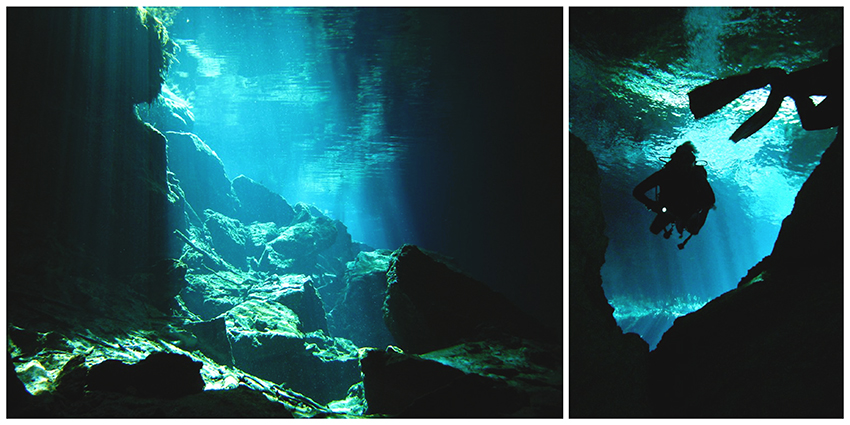 Turquoise and green underwater scene of sunlight streaming through the water and the silhouette of two divers.