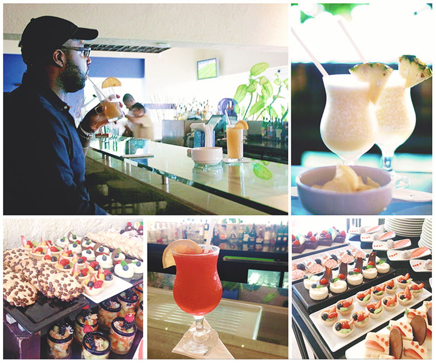 Two full glasses of Pina Coladas, a man sitting at a bar sipping a cocktail while looking out at the beach, and multiple trays full of colorful chocolate desserts with fresh fruit toppings.