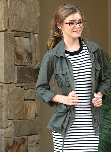Striped dress with military jacket