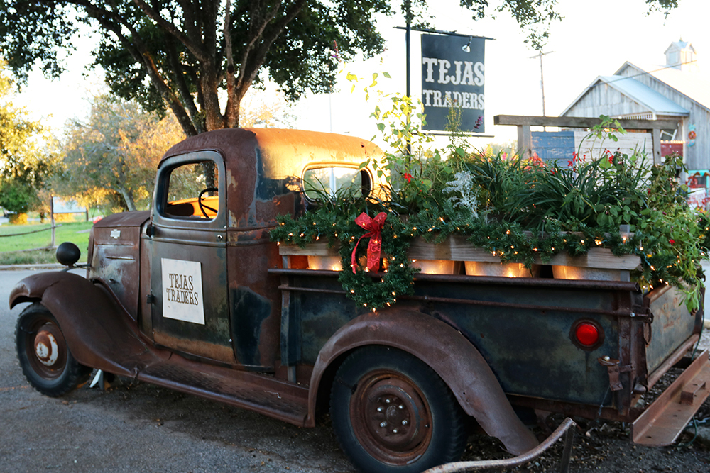 The Tejas Traders Chevrolet decorated for the holidays in Gruene Texas.