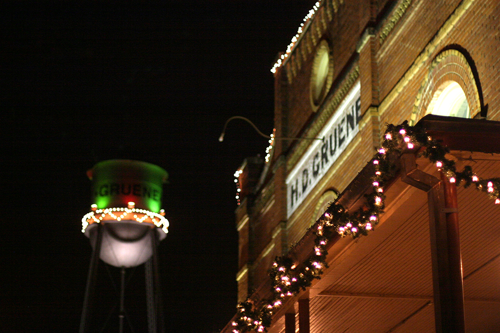 The famous Gruene water tower decked out in red and green lights for Christmas.