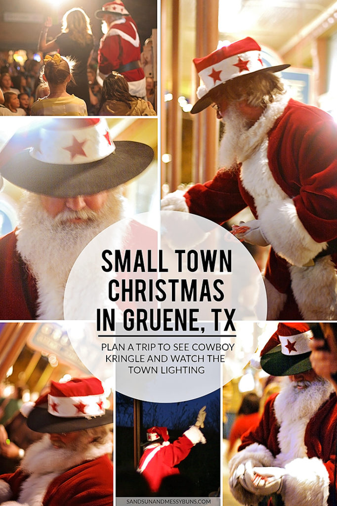 Cowboy Kris Kringle at the Gruene town lighting with text overlay that reads Small Town Christmas In Gruene Texas.