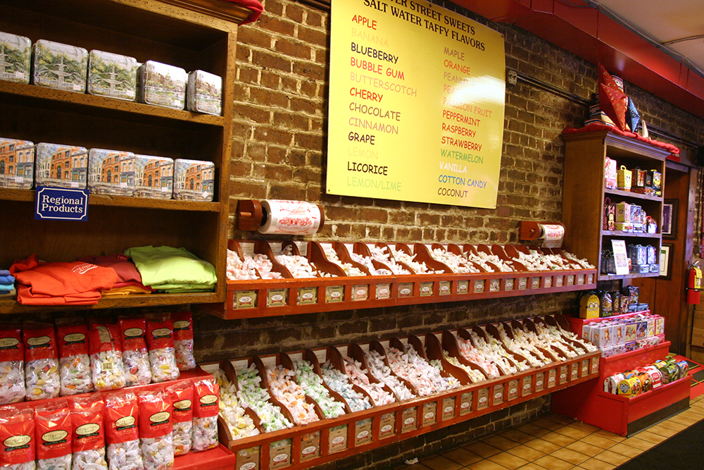 River Street Sweets Savannah GA: Visit them for a free sample of their world famous pralines, then watch candy being made from scratch inside the store. They have an entire wall of individually wrapped salt water taffy candies.