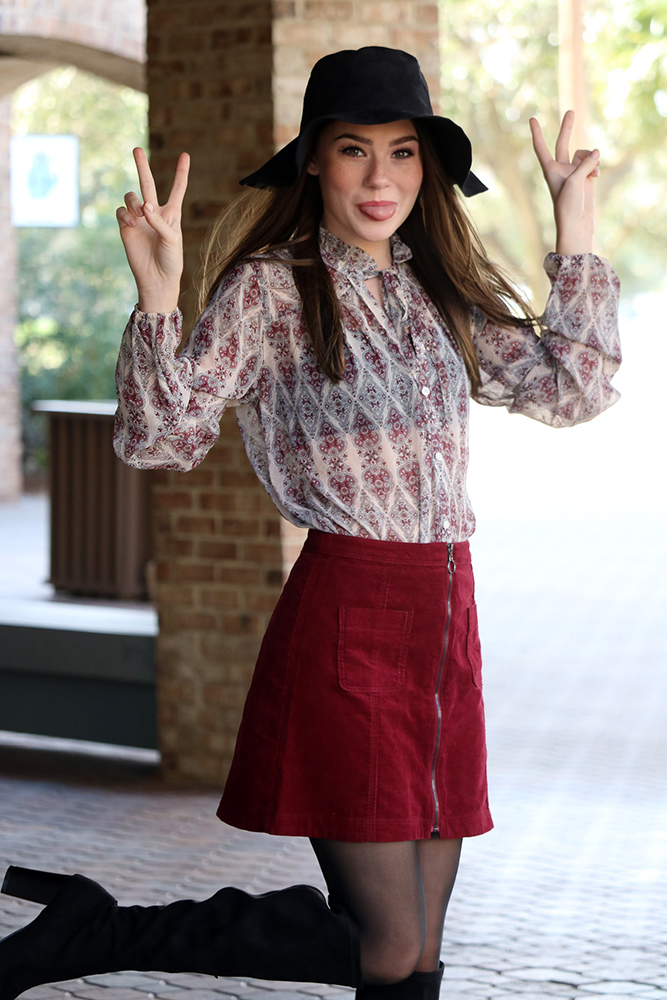 How to style a red corduroy skirt for fall