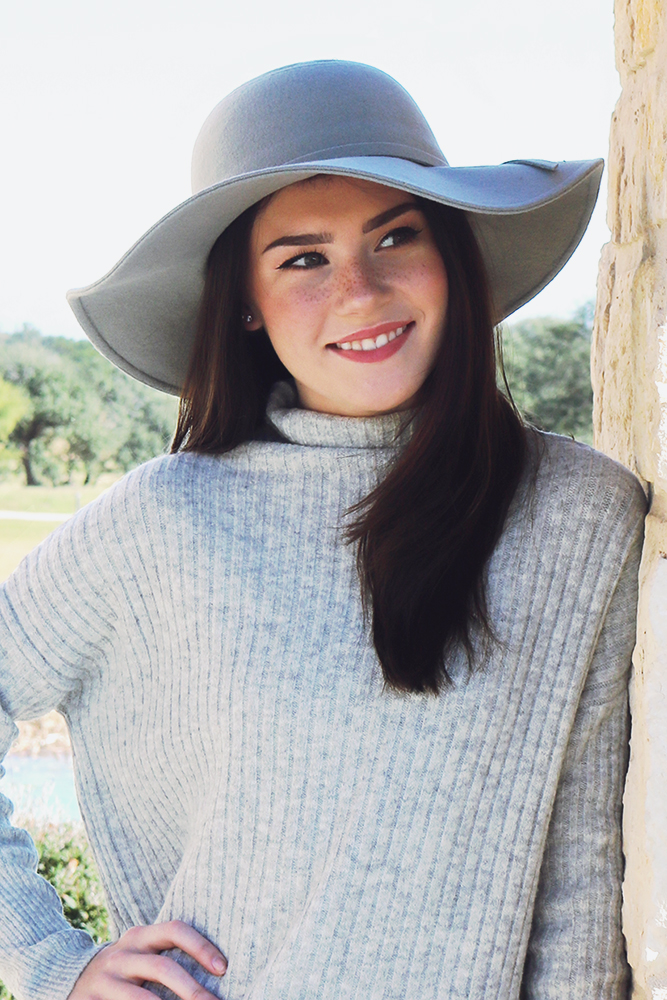 Grey floppy hat outfit inspiration. Start with a neutral base, then add color with accessories or a scarf!