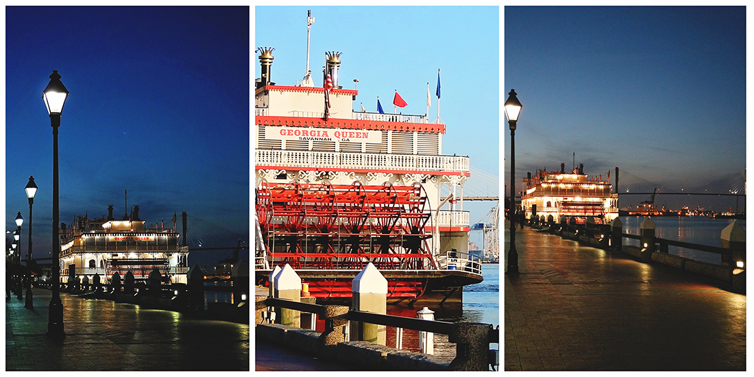 Collage image of Savannah's Rousakis Plaza on River Street showing the Georgia Queen steamboat at night with lights reflecting on the waterfront and a daytime image showing the boat's bright red paddlewheel.