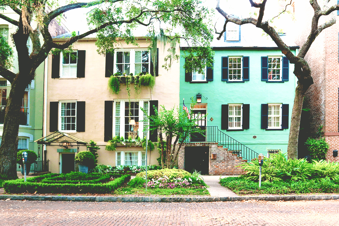 Twonicely landscaped row houses shaded by Live oaks.