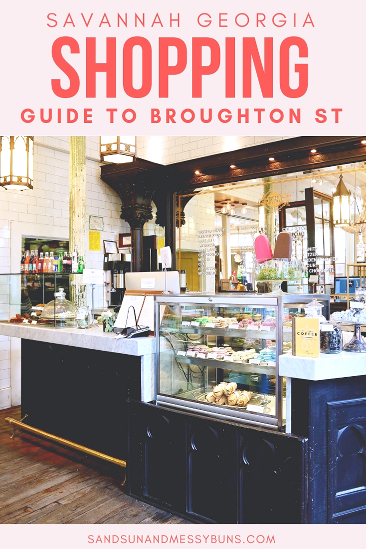 Pinnable image of an antique display case filled with sweets. The text overlay reads Savannah Shopping Guide to Broughton Street.