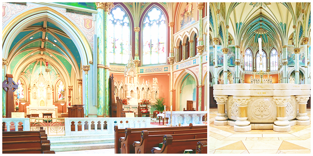 The expansive interior of The Cathedral of St. John the Baptist in Savannah with murals, an oversized baptismal pool, and incredibly detailed stained glass windows.
