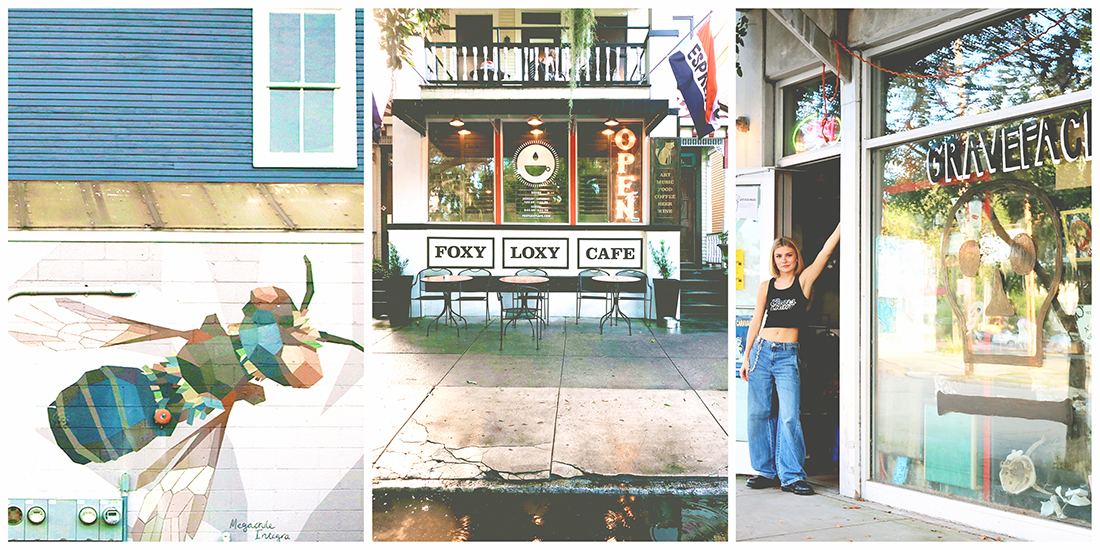A mural of a colorful kaleidoscope bee, an historic home converted into a coffee shop with a sign that reads Foxy Loxy Cafe, and a pretty young girl posing in the doorway of a vinyl shop. 