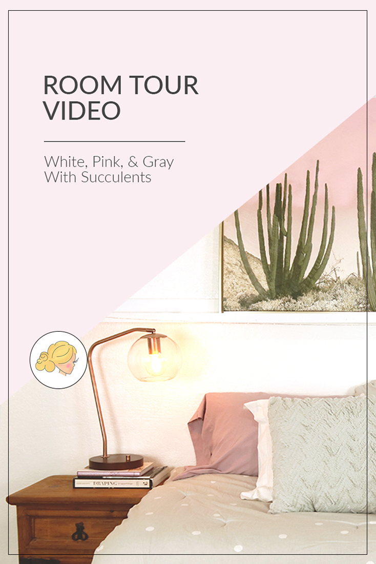 This room tour video has lots of cute pink and white ideas with succulents and wood to warm everything up. #girlsroom #dormdecor 
