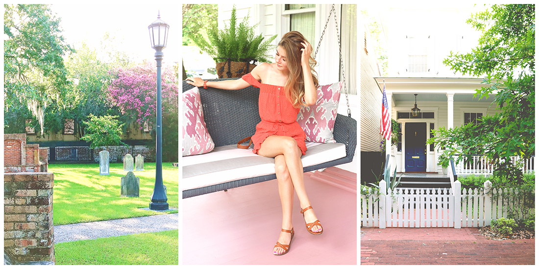 Collage image of Colonial Park Cemetery with flowers in bloom, a girl sitting on a front porch swing, and a front porch with flowers blooming all around.