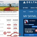 Screenshot of Delta North American Deals page and a personal Skymiles account with a total of 108953 miles.