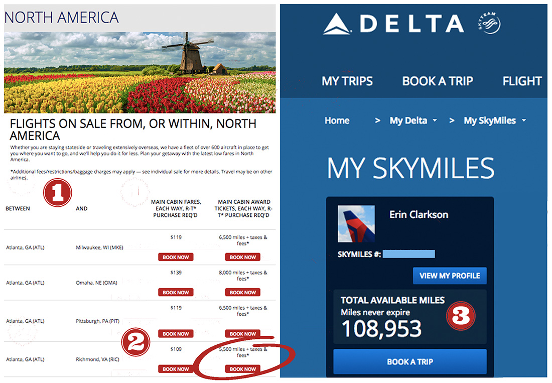 Budget Travel Tips: Screenshot of Delta North American Deals page and a personal Skymiles account.