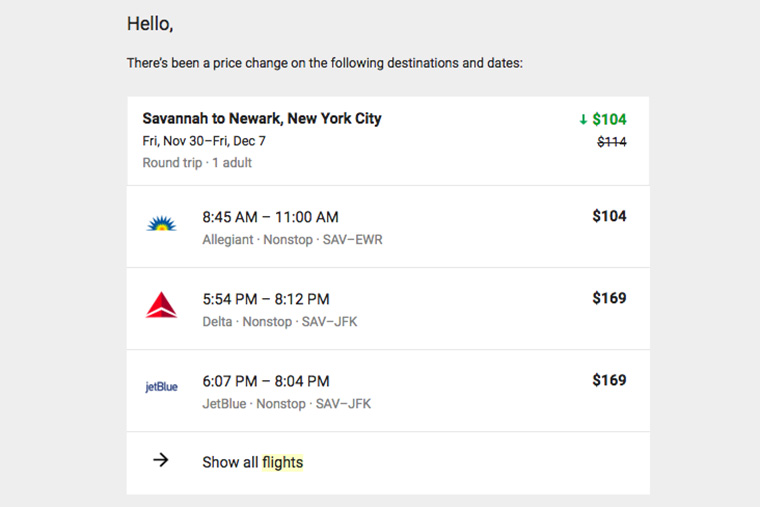 Budget Travel Tips: Screenshot of an email alert about a rate drop from Google Flights.