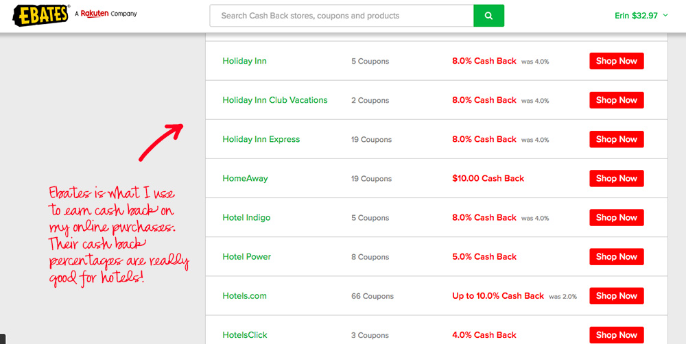 Image of cash back incentives from Ebates on various hotels. Most offer about 8% cash back on each purchase!