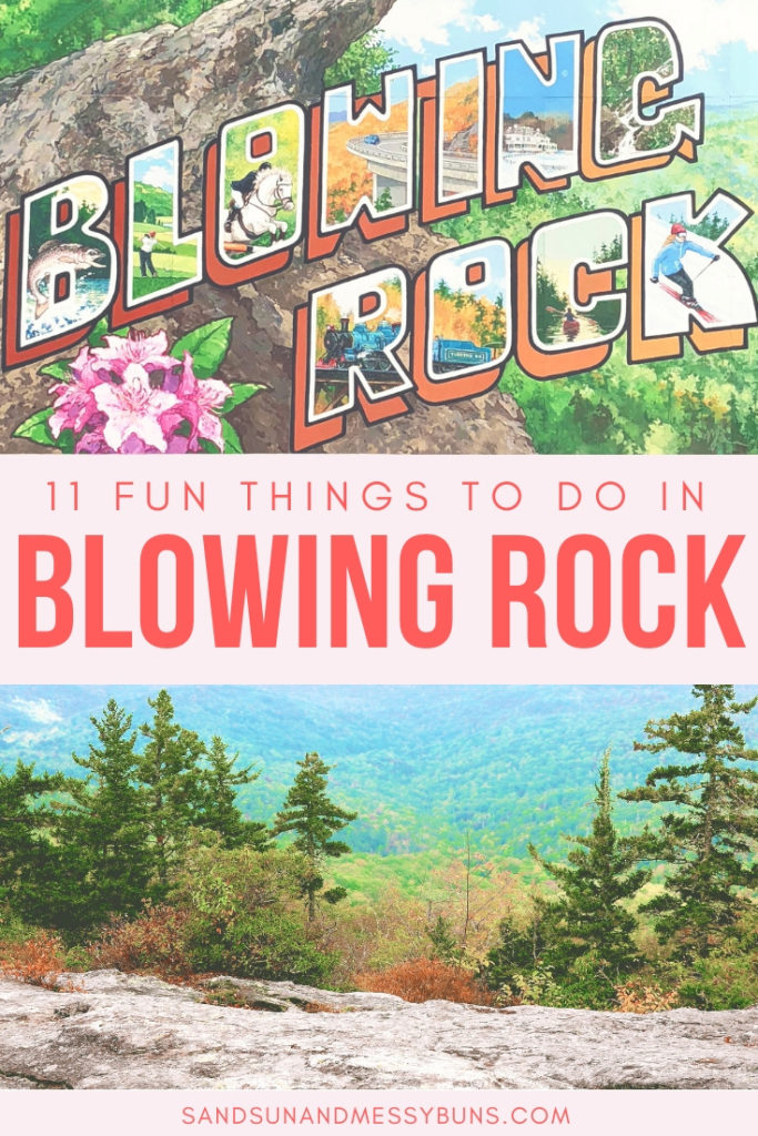 A postcard-style sign painted on a building with the logo for Blowing Rock NC plus text overlay that reads 11 Fun Things To Do In Blowing Rock NC.