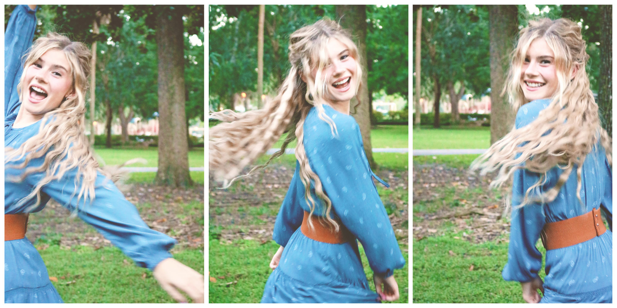 Image of girl with long blonde hair wearing a long blue dress twirling through the trees