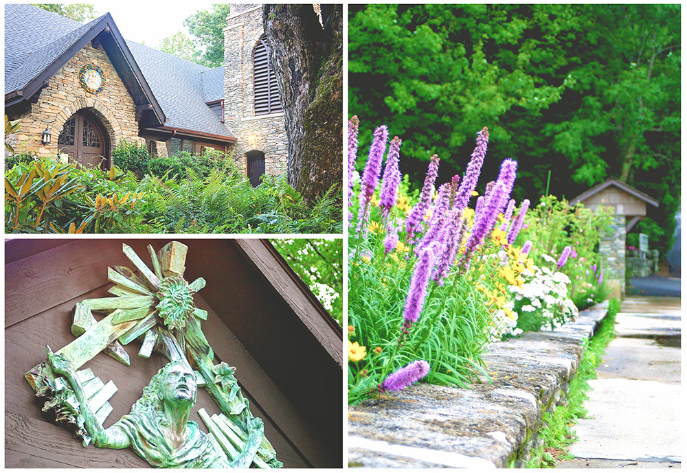 Things to do in Blowing Rock NC: Collage image of a church with very large old oak out front, plus beautiful flowers and a detail shot of a religious statue.