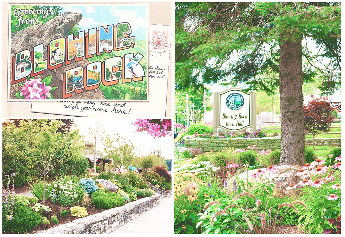 Collage image of the Welcome to Blowing Rock mural and two photos of the beautiful landscaping in town.