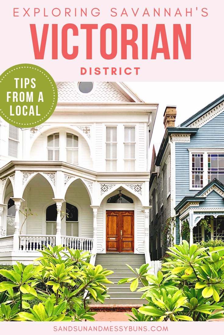 Intricate white Victorian home with text overlay that reads Exploring Savannah's Victorian District.