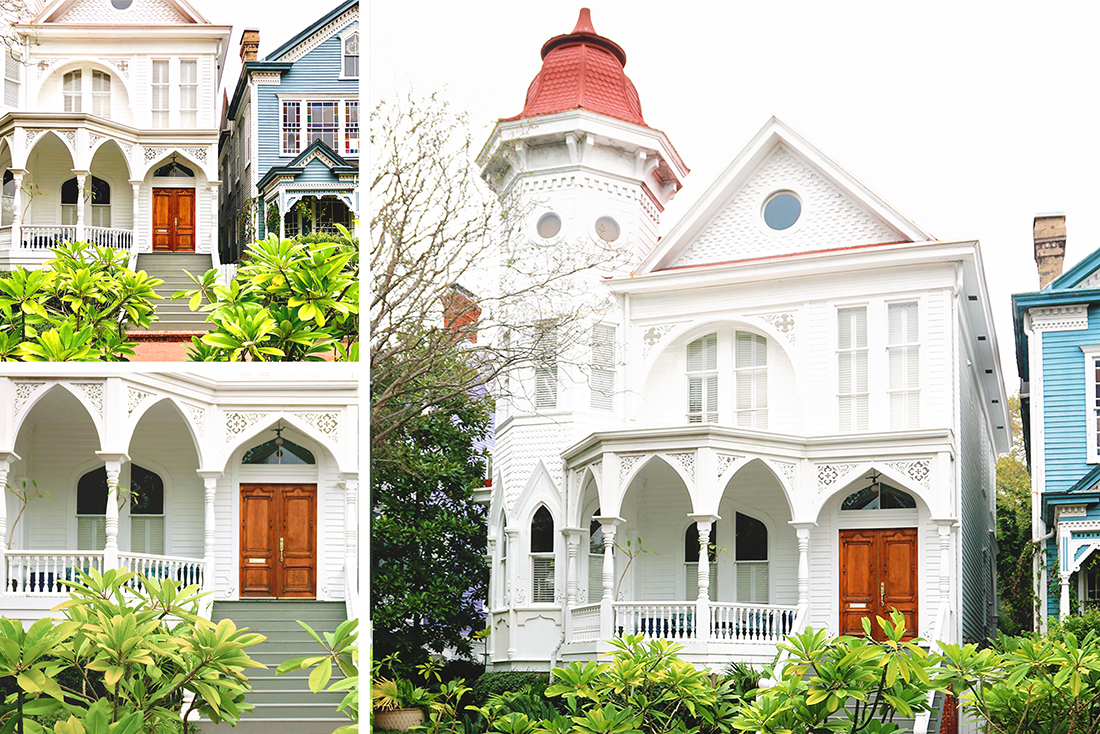 3-story white Victorian house with arched wooden details on the front porch and a round turret with a red roof.