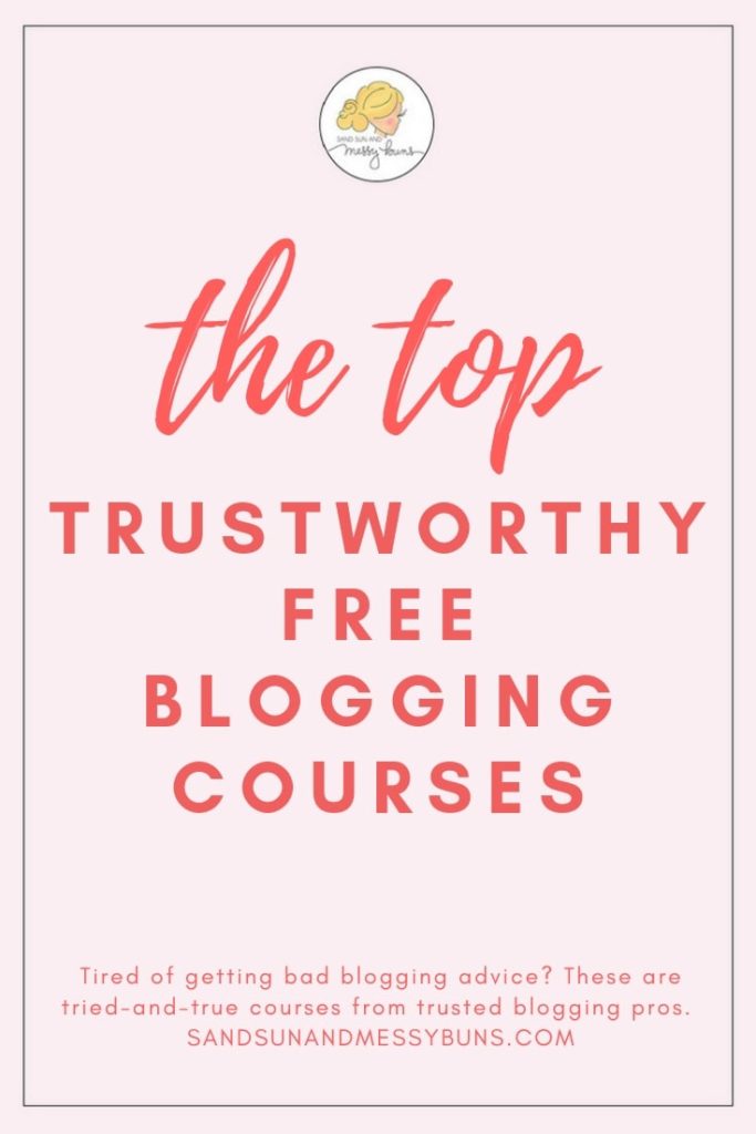 Light pink background with coral text overlay that reads Free Blogging Courses.