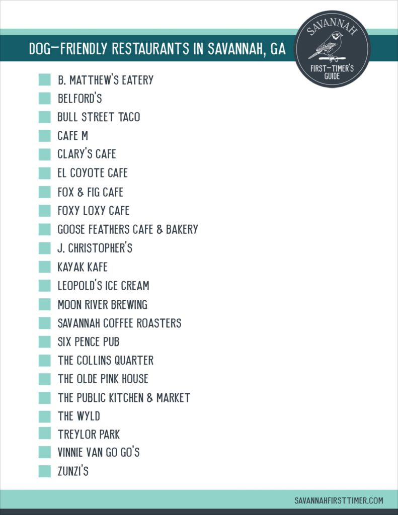 Printable checklist of dog-friendly restaurants in Savannah, GA with the Savannah First-Timer's Guide logo of a hand-drawn sparrow.