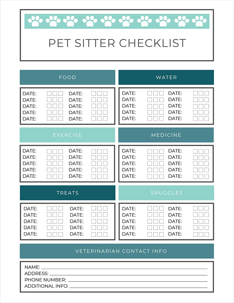 Pet sitter checklist with options to list vet information and check off each time a pet has been fed, given water, medicine, exercise or attention.