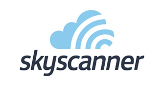Skyscanner Logo of a blue cloud with white spiral chunks missing from it.